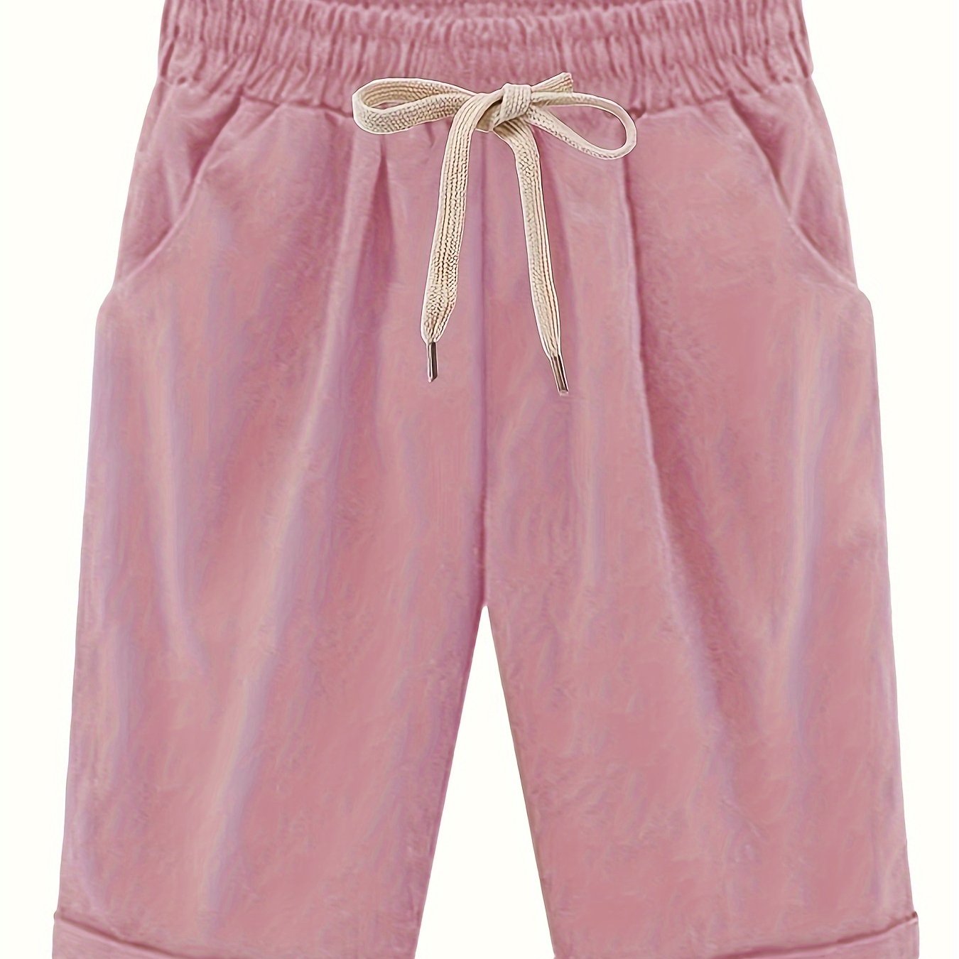 Women's Plus Size High Rise Drawstring Shorts with Pocket, Slight Stretch and Solid Casual Style.