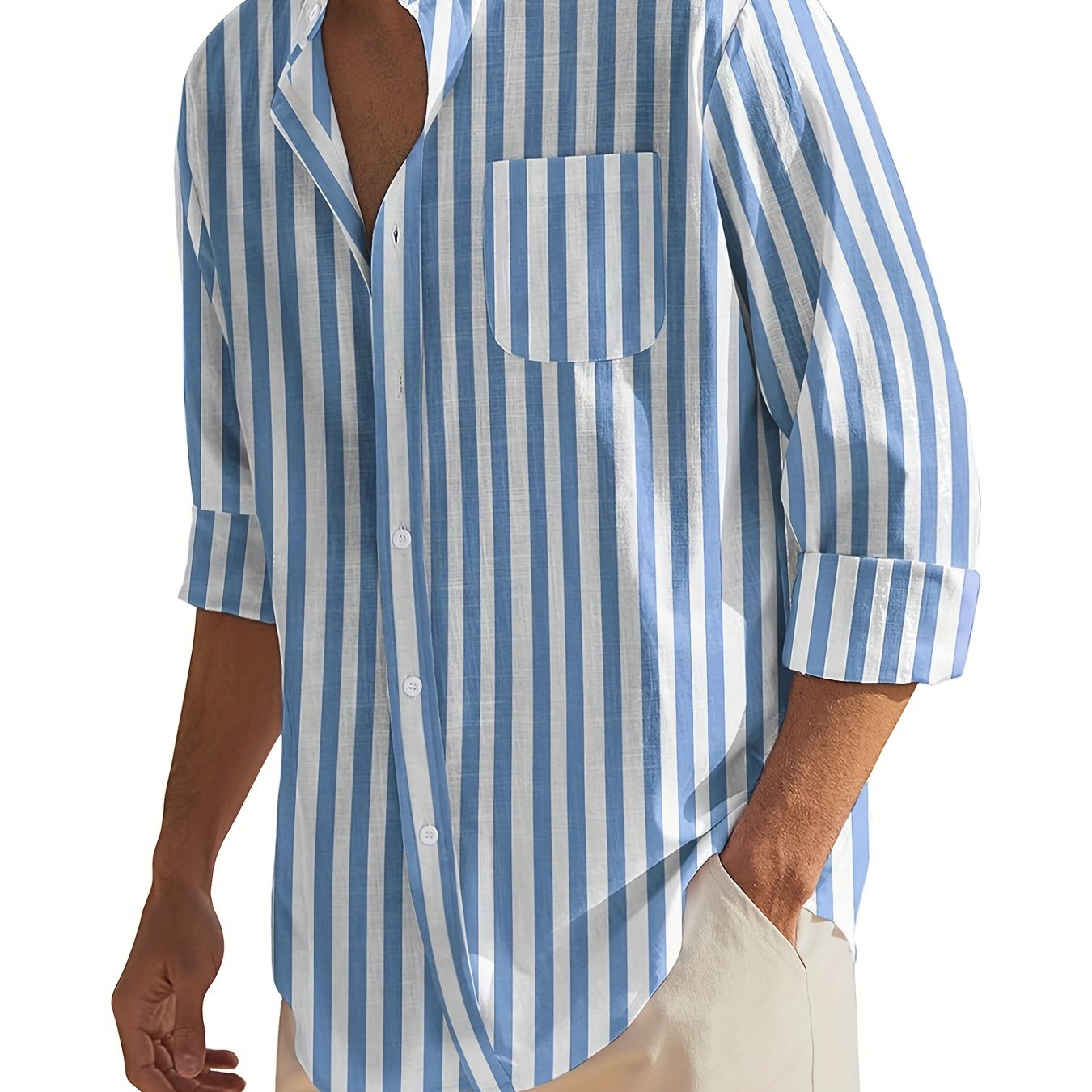 Men's vertical striped band collar shirt with long sleeves and regular fit, suitable for casual wear on the beach or for daily yoga.