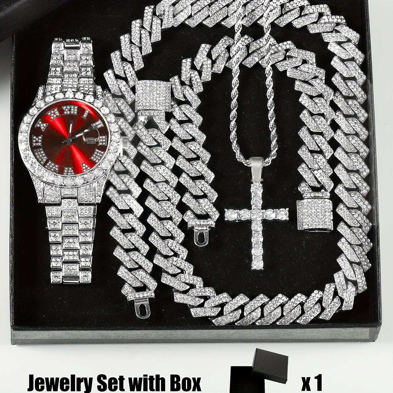 Set of 4 pieces: Men's Rhinestone Wrist Watch and Cross Pendant Jewelry Set, suitable for both Men and Women.