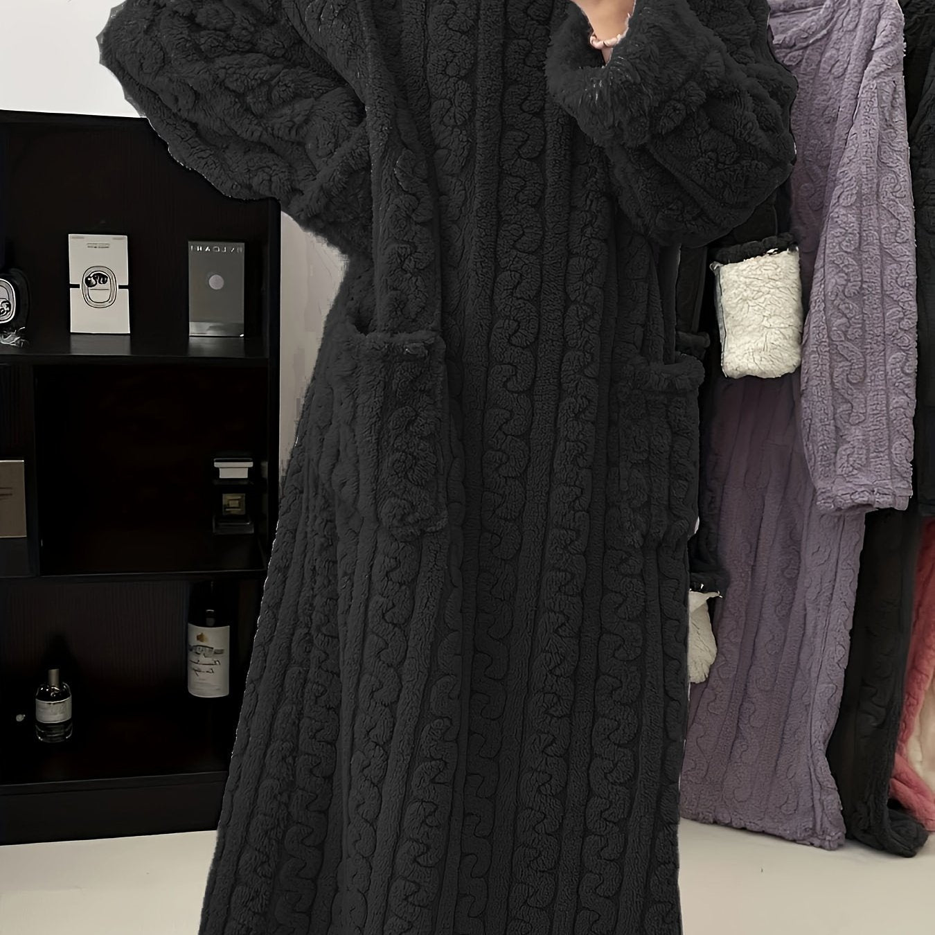 Women's fleece-lined long sleeve nightgown with cable knit texture - ideal for Fall/Winter.