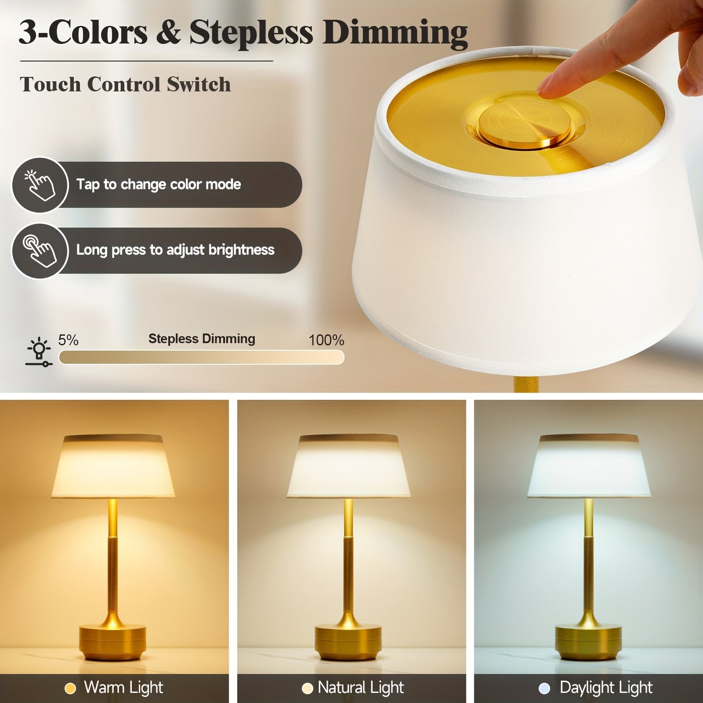 USB Rechargeable Table Lamp with Metal Material, Touch Control, 3 Color Temperatures, Stepless Dimming, and Removable Art Lampshade, suitable for various settings.