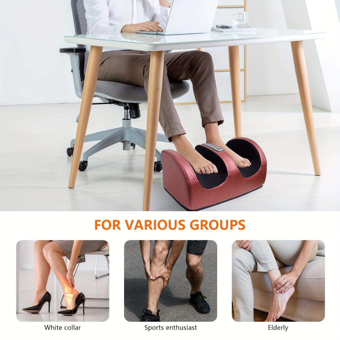 Red foot massager with heating function and multiple massage modes, family-friendly design for feet, 220V plug-powered with thermoplastic elastomer material.