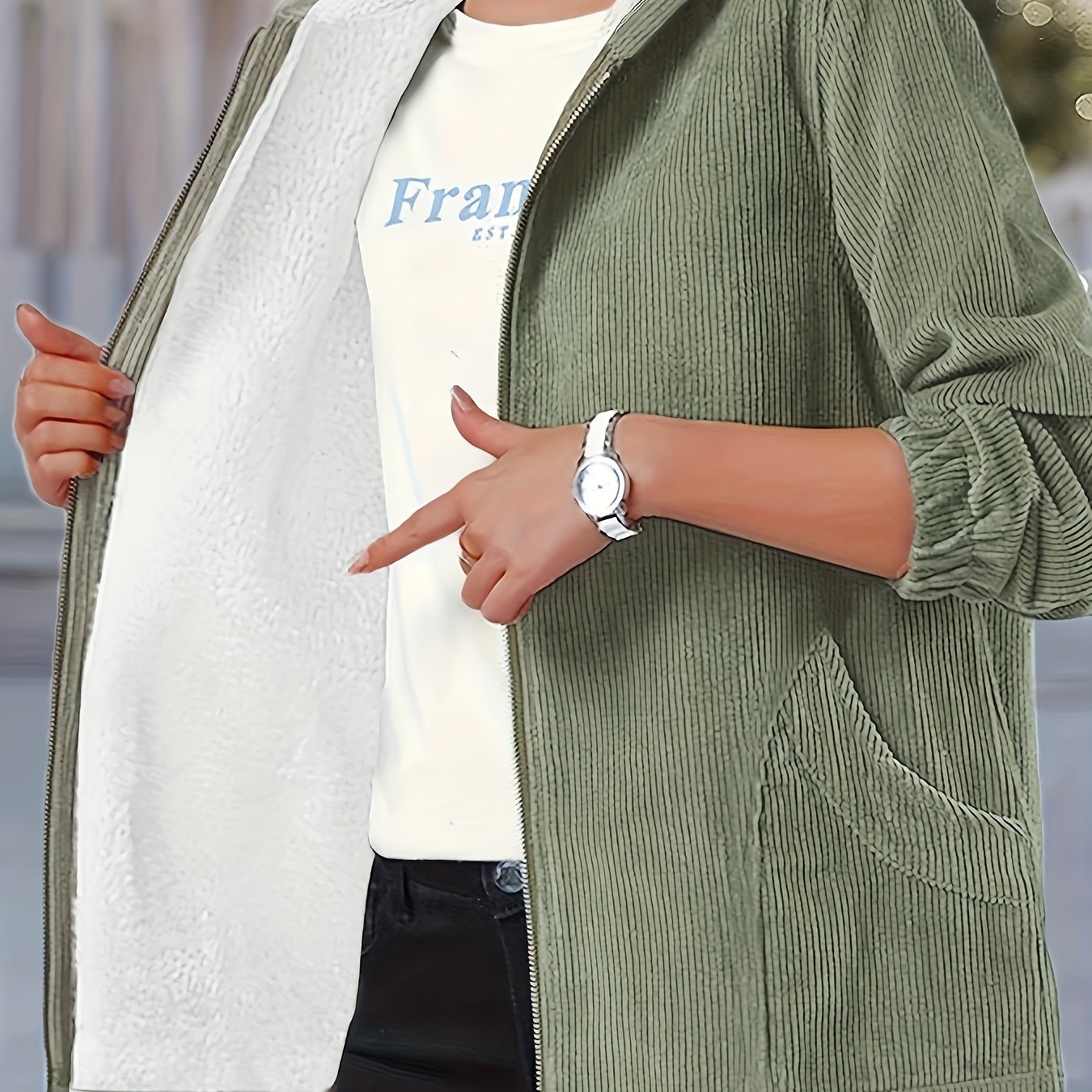 Hooded zip-up jacket for fall & winter, plus-size women's clothing.