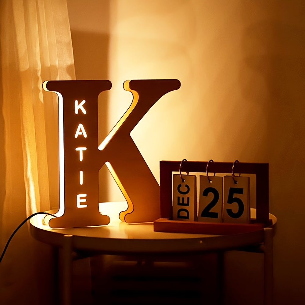 Custom LED letter night light for couples, friends, and family - personalized wooden wall lamp powered by USB. Ideal for bedroom decor with custom uppercase letters.