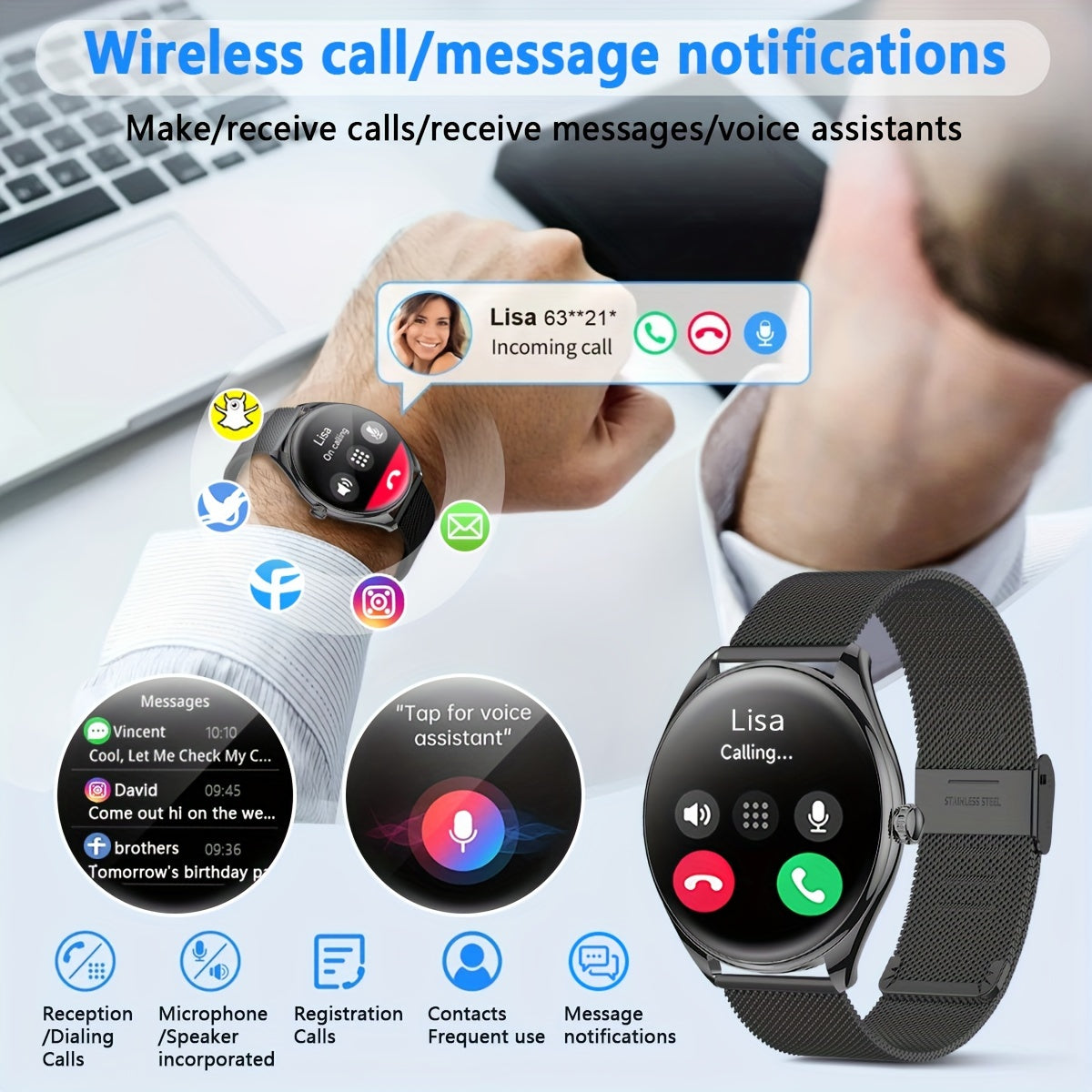 Cutting-edge Smart Watch With Robust Voice Control for Both Women and Men, Extended Battery Life, Hands-free Calling, Extensive Sports Tracking, Crisp 1.43-inch AMOLED Display, Convenient USB Charging, Bluetooth 5.0 Connectivity Ideal for Work and Play