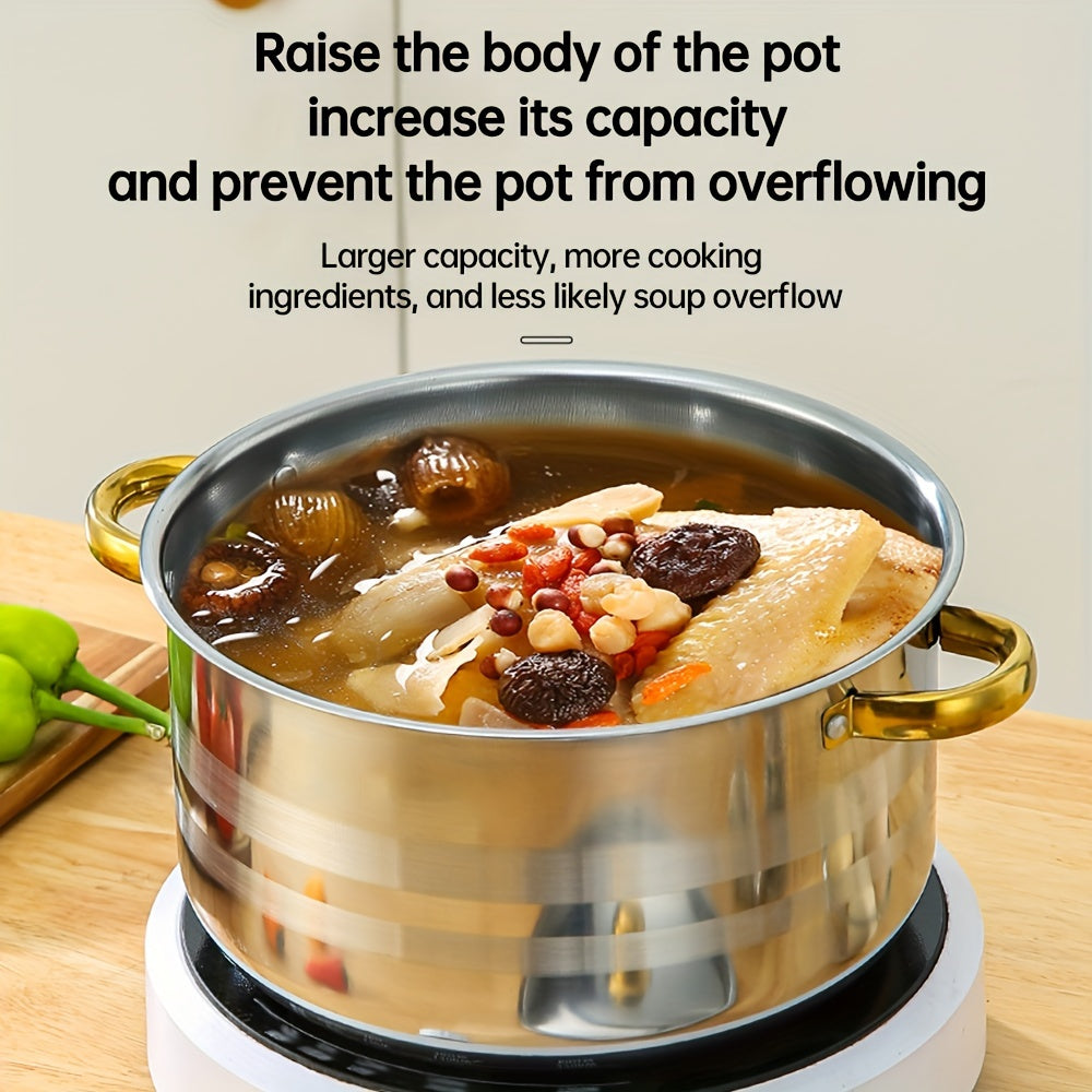 This set includes 10 stainless steel pots with sizes ranging from 16.99cm to 25.5cm. Each pot comes with a lid and is designed for use with both induction cookers and gas stoves. The pots feature double handles and deep lids, making them ideal for