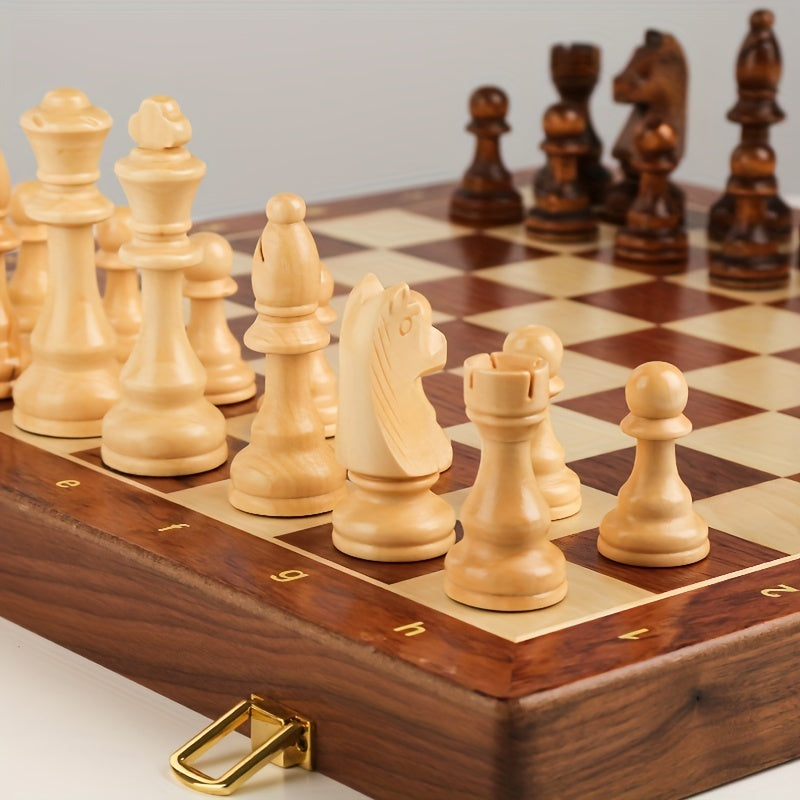 38.1cm X 38.1cm/15" X 15" Solid Wood Chess Set with Folding Board, Walnut Checkerboard, Internal Storage, 2 Bonus Queens.