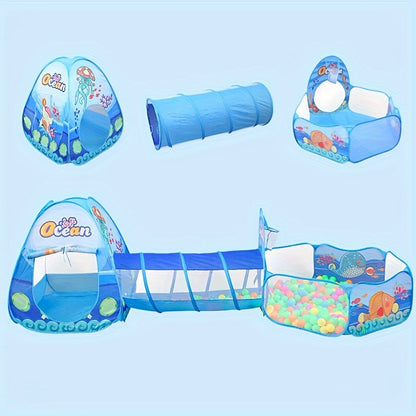 Children's 3-piece playset with ball pool, game tent, tunnel, and pop-up playhouse toys. Suitable for both boys and girls over 3 years old. Comes with a storage bag. Perfect birthday gift.