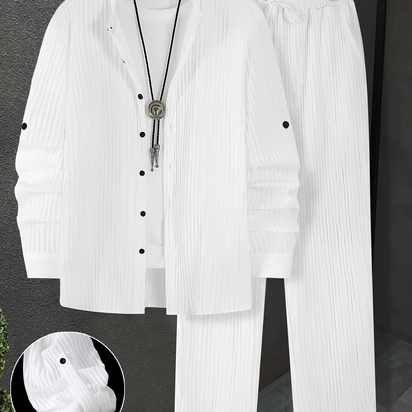 Men's Textured Polyester Sweatsuit Set, Casual Style, Regular Fit, Collared Shirt, Drawstring Pants, Button Details, All-Season Woven Lash Sets