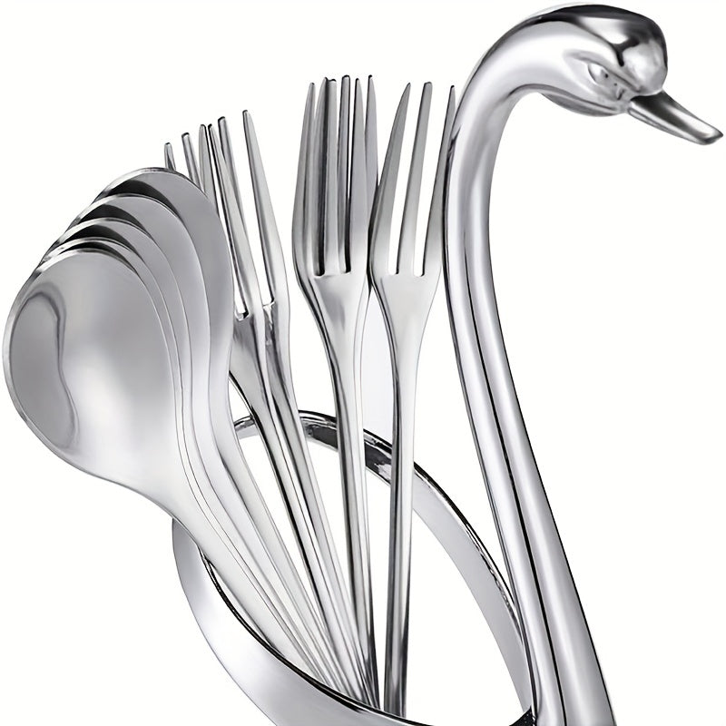 Top Pick! Set of 7 Includes 1 Zinc Alloy Swan Base with 6 Stainless Steel Leaf Coffee Spoon Forks. Mirror Polished Finish, Perfect for Restaurants, Families, and Parties. Durable and Reusable, Heavy-duty Base.