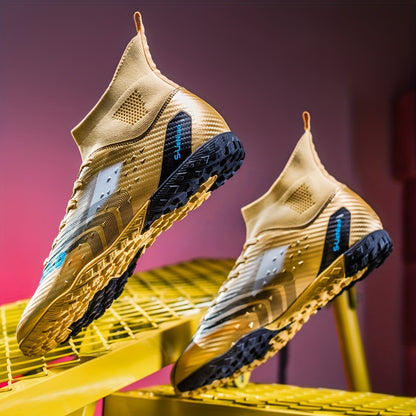 Youth soccer cleats in gold with blue accents, featuring non-slip design and comfortable lining for all-season play.