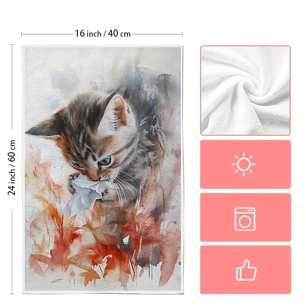 Two ultra soft kitchen towels featuring an adorable kitten with tissue design. These highly absorbent and machine washable dish hand towels are perfect for a contemporary coastal theme in your home decor. Each towel measures 40.64x60.96 cm.