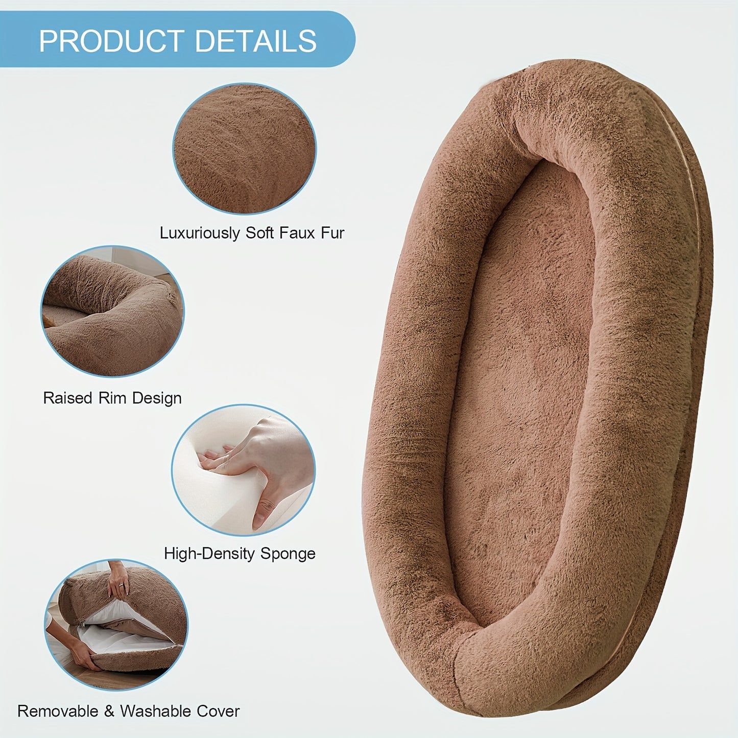 Oversized human & pet bed with memory foam fill and washable cover for medium to large breeds.