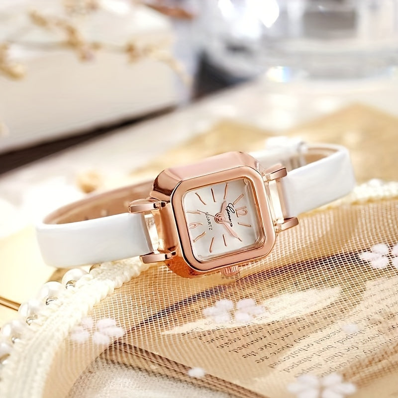 Sleek design mini square quartz watch with faux leather strap for women.