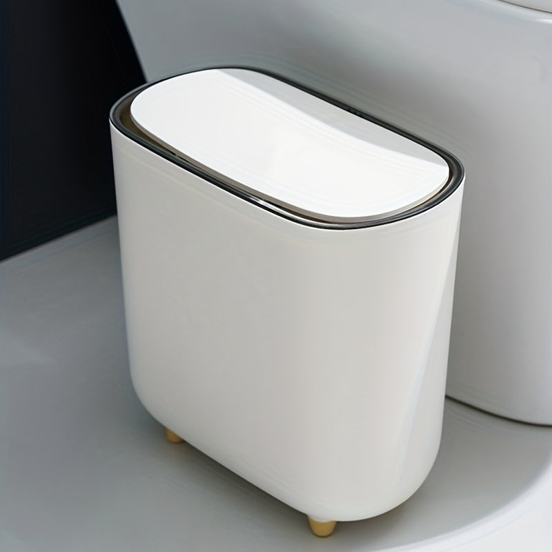 Slim plastic trash can with lid for small spaces, ideal for bedrooms, bathrooms, and living rooms.