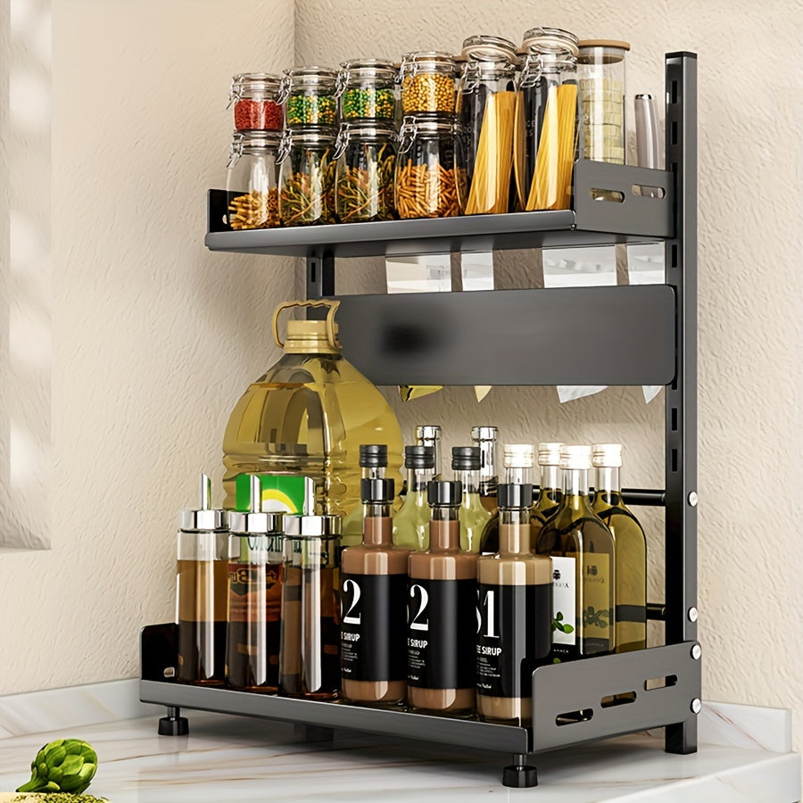 Adjustable Kitchen Storage Rack - Wall Mount with No-Drill Installation, Organize Seasonings and Utensils with Multi-Tier Modern Metal Design, Perfect for Spice Storage and Knife Placement.