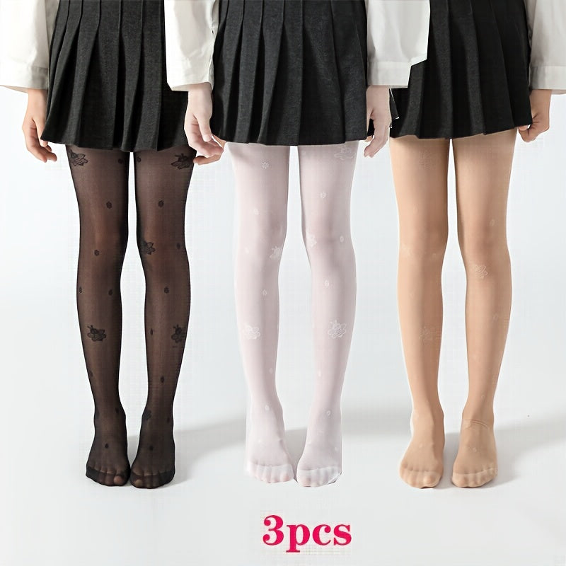 3 girls' nylon blend tights with floral jacquard, hand wash only