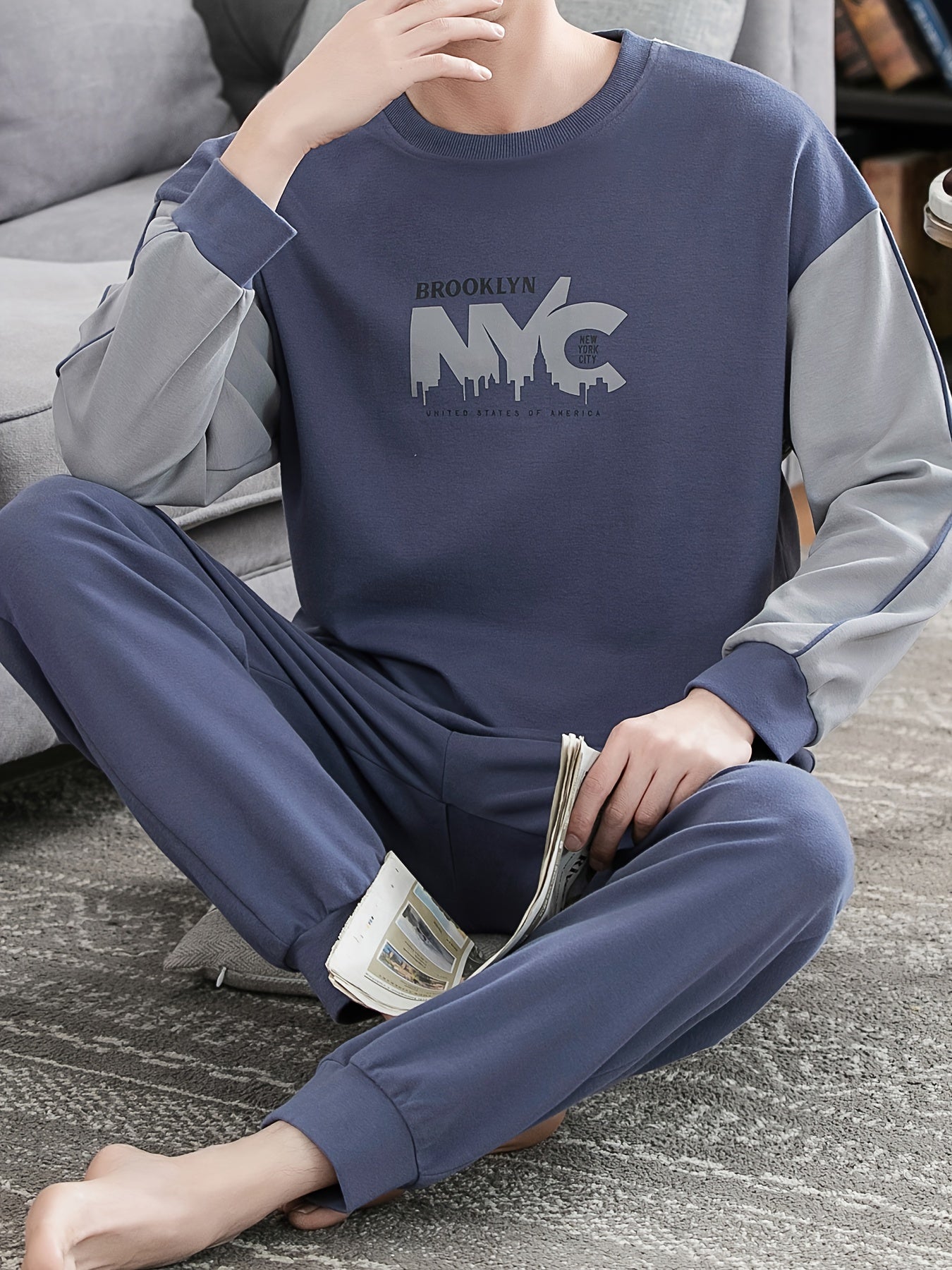 Men's casual color block pajama set with letter graphic print, long sleeve crew neck top and loose pants. Perfect for spring and autumn outdoor wear.