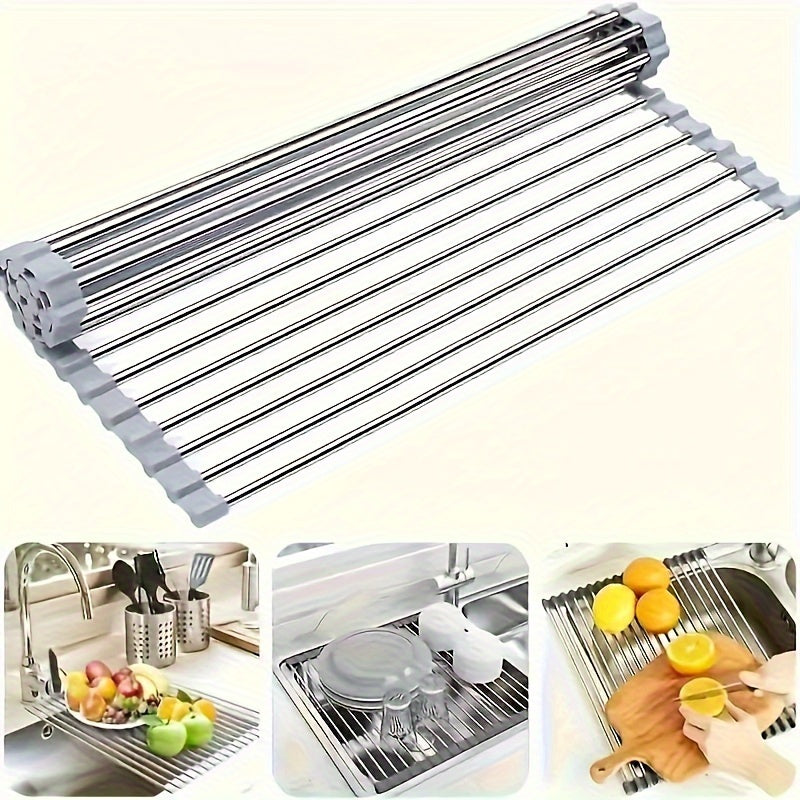 Stainless Steel Roll-Up Dish Drying Rack for Sink - Portable Drainer and Storage Rack with Non-Slip Silicone Edges, Foldable Utility Rack for Kitchen Tools, Includes Sink Grid Mat