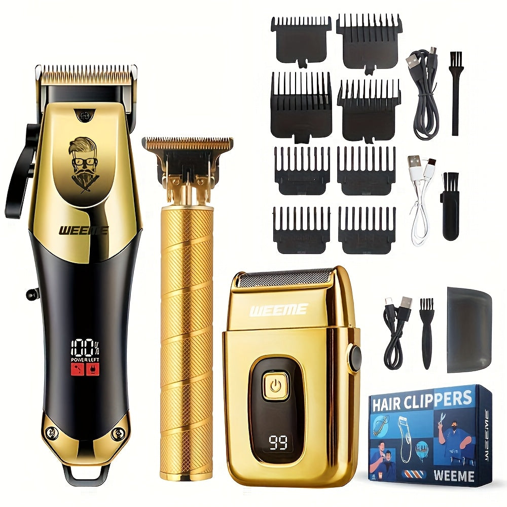 Golden hair cutting set for men includes professional clipper, razor, and trimmer. USB rechargeable with LCD display. Perfect gift for fathers, boyfriends, Father's Day, birthdays, and