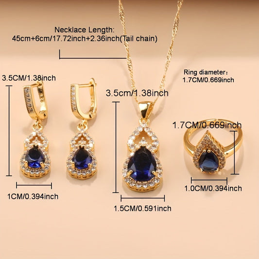 Beautiful 5-Piece Jewelry Set: Synthetic Zirconia Teardrop Earrings, Pendant, Bracelet, Ring, Necklace - 18K Gold Plated Copper - Perfect Gift for Her on Wedding, Christmas, or Any Occasion