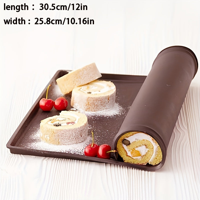 One piece of Swiss Roll Cake Mat measuring 30.48cm X 25.81cm, a flexible baking tray made of silicone, and a cookies mold for the kitchen baking tools.