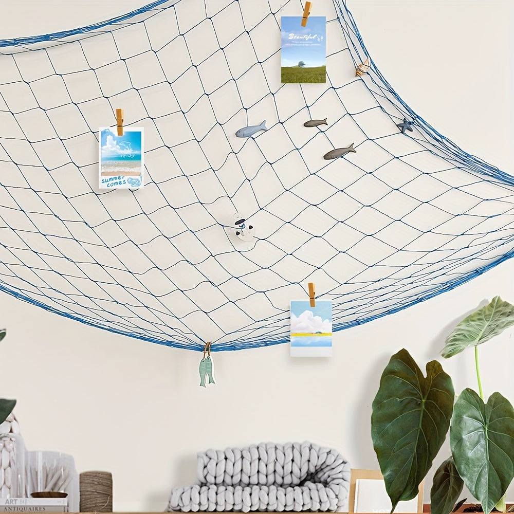 Seafarer's Charm: Nautical Blue Fishing Net Wall Decor with Seashells - Perfect for Ocean-Themed Events