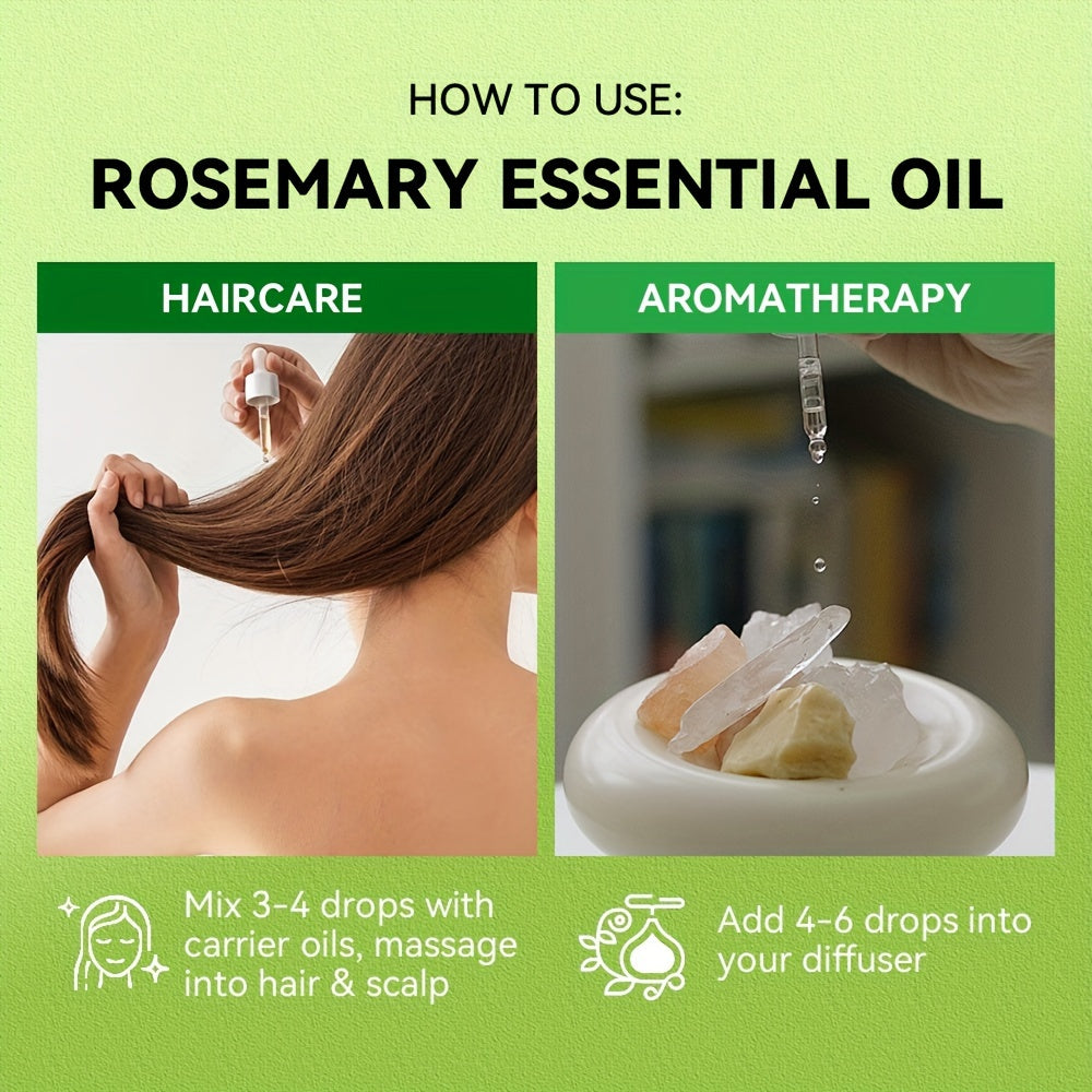 100ml Rosemary Essential Oil for haircare, moisturizing and strengthening scalp. Ideal for split ends, eyebrows, eyelashes, face, skin, and all hair types. Contains glycerin, suitable for