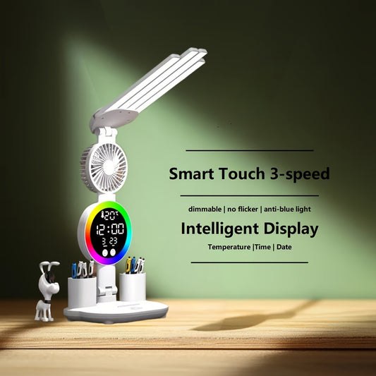 Versatile LED desk lamp with touch control, USB power supply, student study light, portable bedside fan, and durable PVC material.