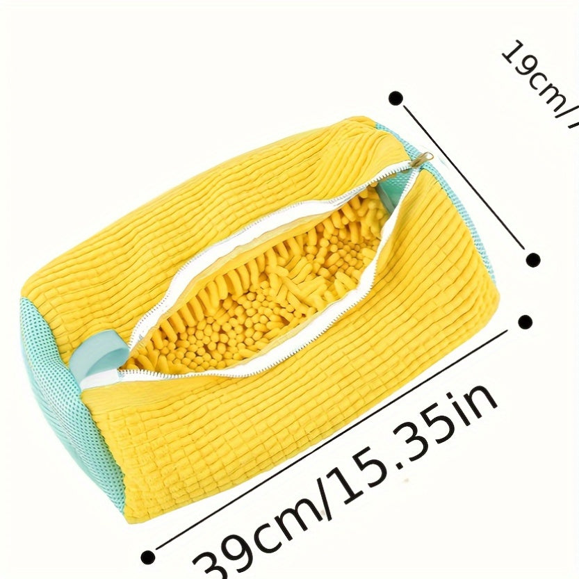 Two yellow mesh shoe wash bags with zipper, made of durable polyester knit fabric. Designed in a round shape for sports shoes and other footwear. Perfect for home storage and travel, also suitable for use as laundry bags.