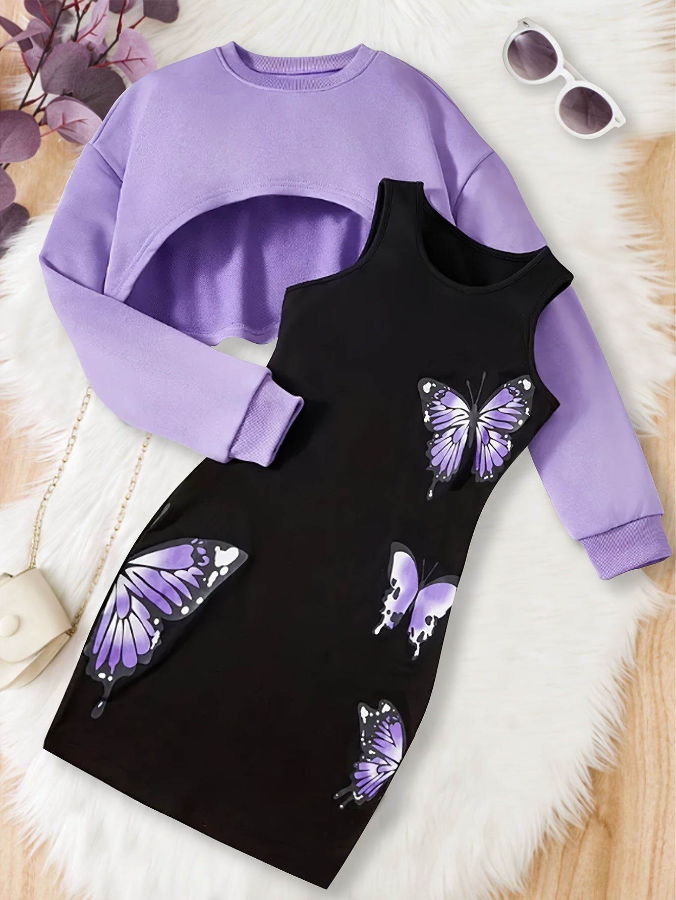 Girls' Purple Top & Butterfly Dress Set - Stylish & Comfortable - Ideal for Spring/Fall Fashion - Featuring Elegant Butterfly Design - Cozy Elastane Mix, Suitable for Outdoor Wear