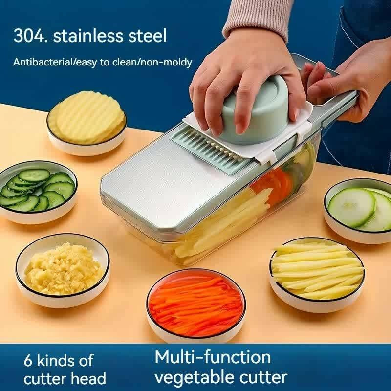 The stainless steel multifunctional vegetable slicer set includes seven pieces with five cutting heads. This versatile tool is perfect for slicing potatoes, cucumbers, and other vegetables. A must-have kitchen essential for effortlessly slicing and