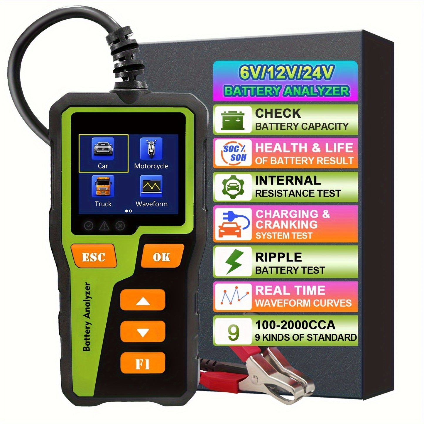 12V 24V Car Battery Tester Analyzer for Automotive Battery System Testing, including SOC, SOH, Internal Resistance, Charging, Cranking, and Diagnostic Tool for various vehicles.