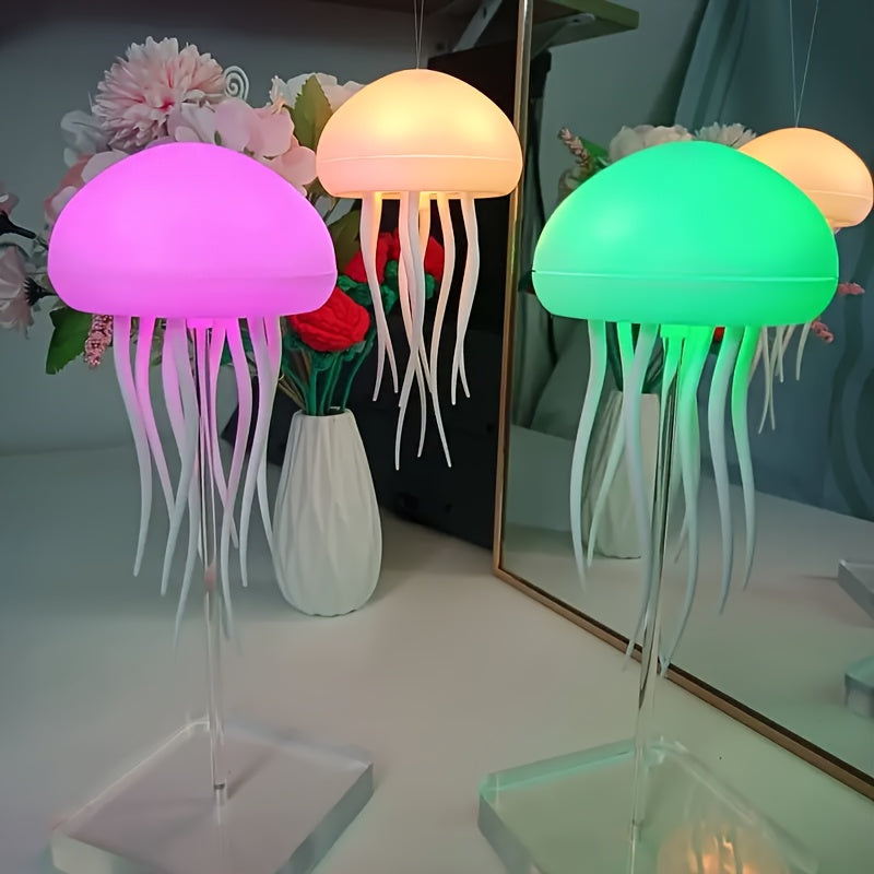 Jellyfish-shaped night light with color-changing, voice control, rotatable design. USB rechargeable with LED lights. Suitable for various uses, including office, bedroom, camping, outdoors.