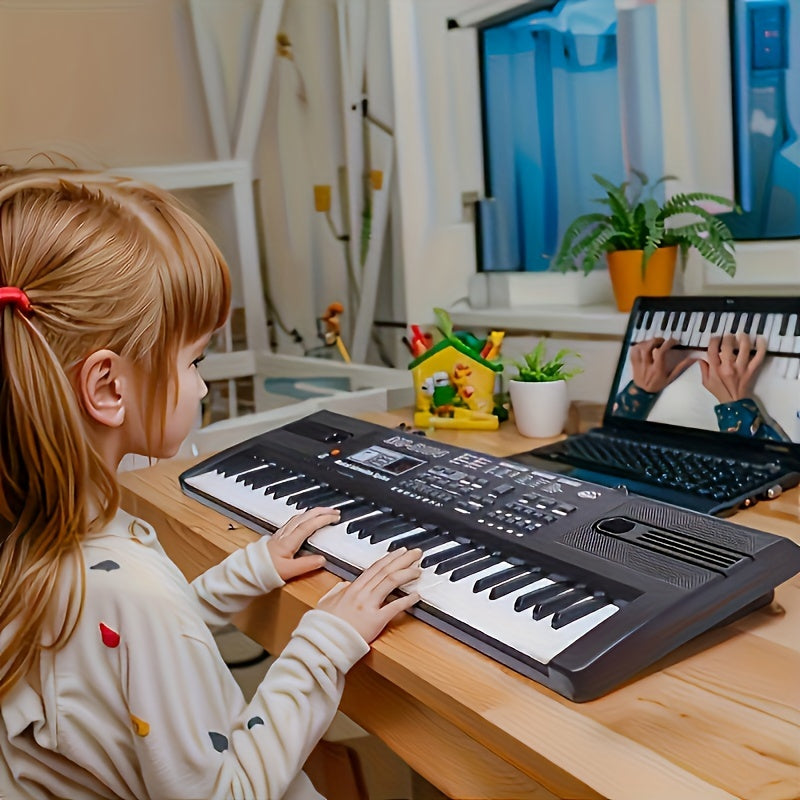 61-key kids electronic keyboard with interactive learning, microphone, ideal for children ages 3-12. Black, batteries not included.