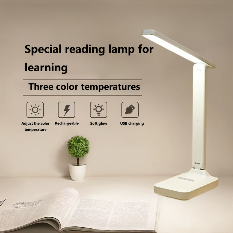 High-Brightness LED Desk Lamp with 3-Color Temperatures, Touch Control, Foldable Design, USB Rechargeable, Adjustable Arm, Plastic Construction - Ideal for Reading, Office, and Bedroom Use.