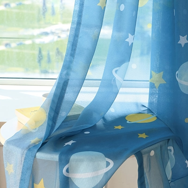 Blue cartoon kids curtain with star and planet print, ideal for boys' room decor. Grommet top design adds a dreamy touch to the window.