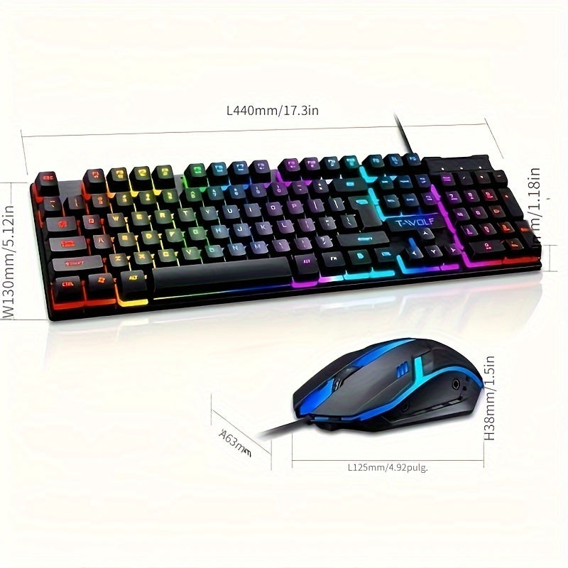 LED-lit wired keyboard and mouse set with mechanical feel for gaming and office use.