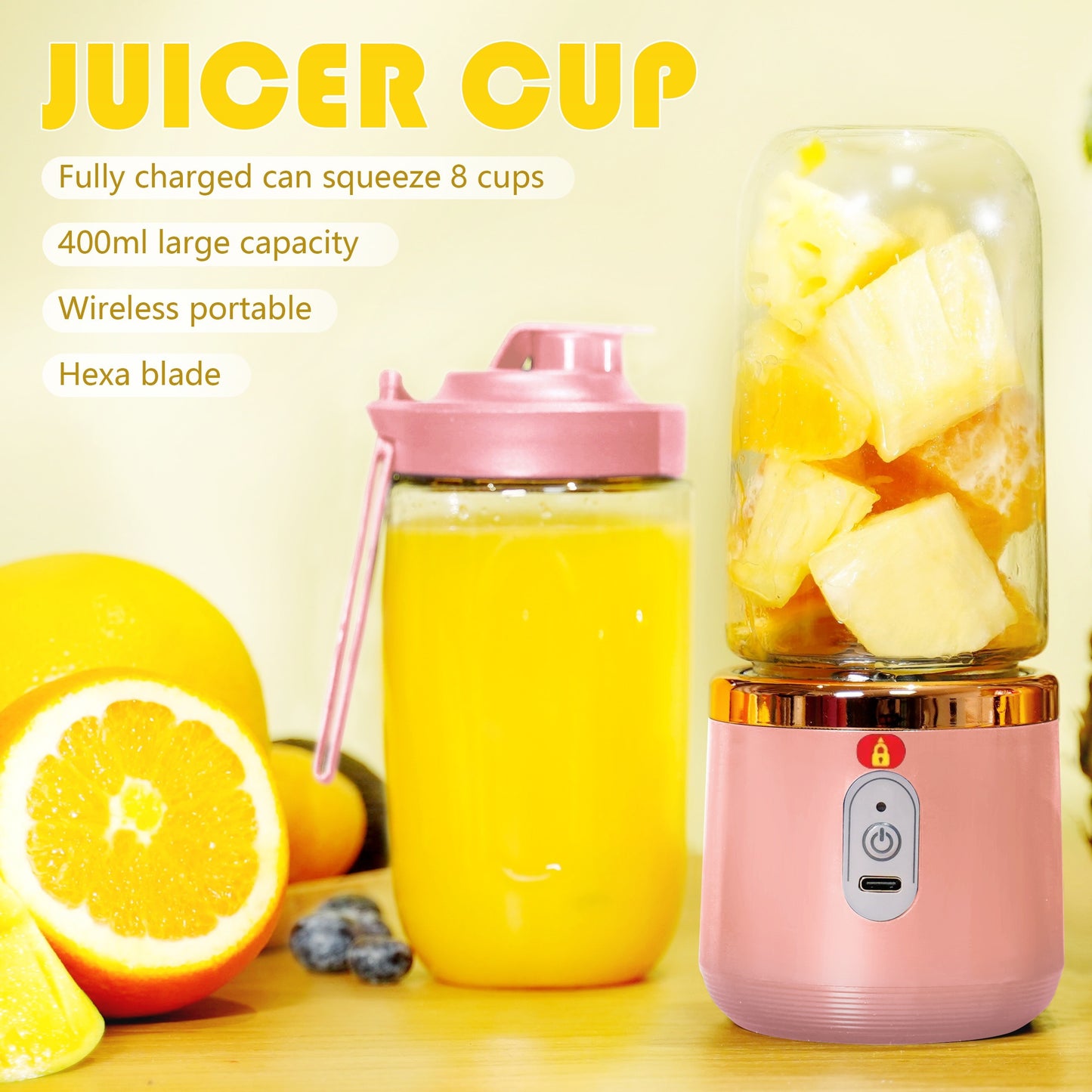 Portable USB juicer with 6 blades, wireless and rechargeable. Great for juicing fruits and crushing ice.