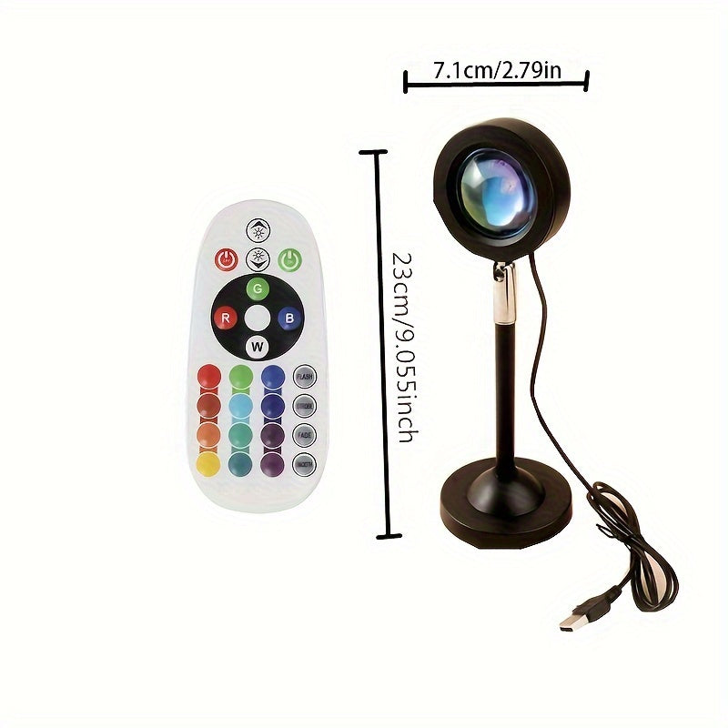 USB-powered sunset projection lamp with 16 color options, eye-safe night light and floor lamp. Features remote control, 360° rotating ambient lighting. Ideal for bedroom, parties, weddings.