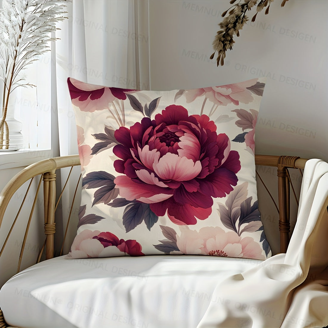 1 piece Floral Peony Print Polyester Pillow Cover, 44.98x44.98 cm, Zipper Closure, Hypoallergenic, Machine Washable, Elegant Sofa Bedroom Decor, Insert Not Included