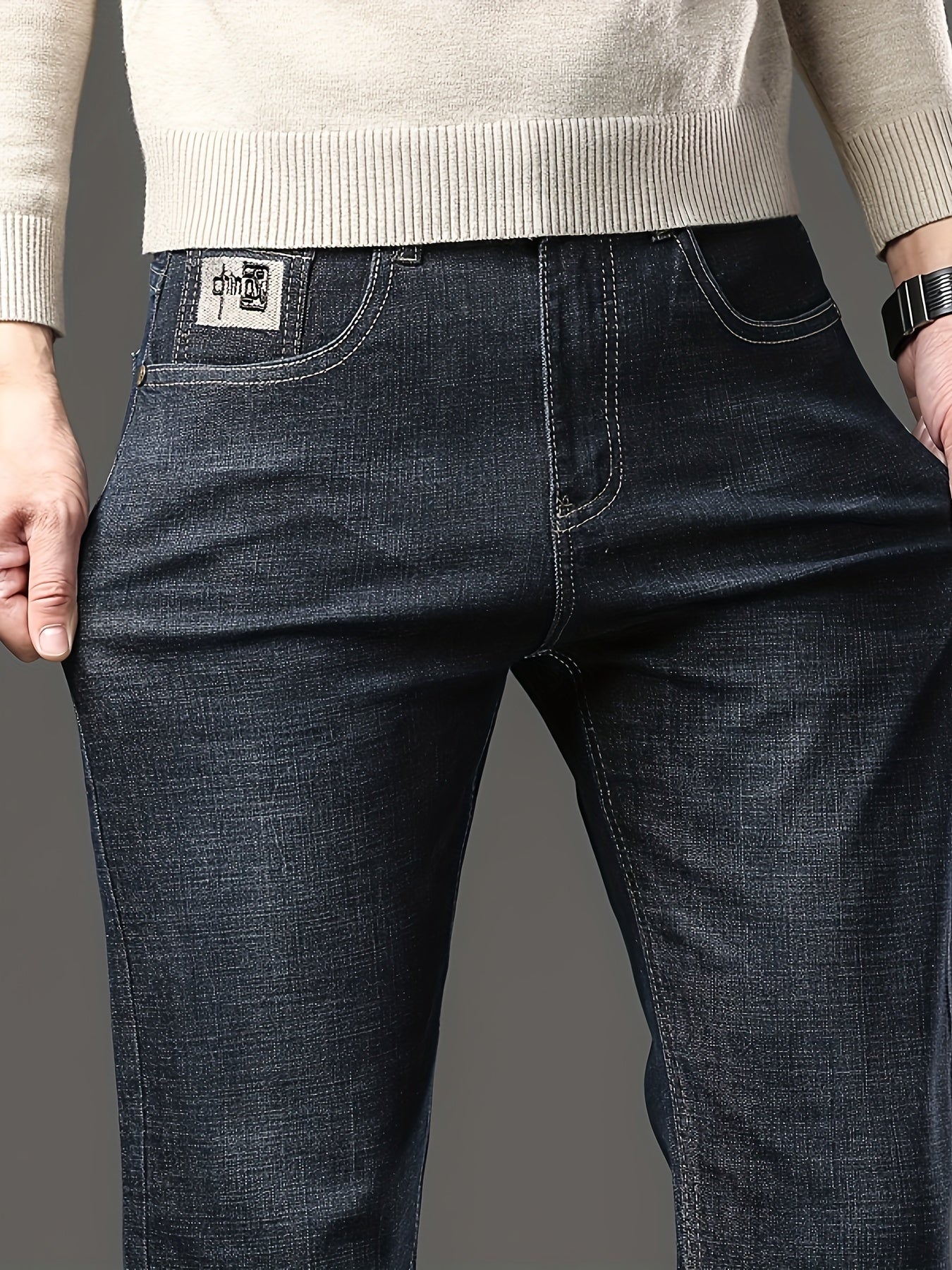 Men's casual cotton blend jeans, straight leg denim pants.