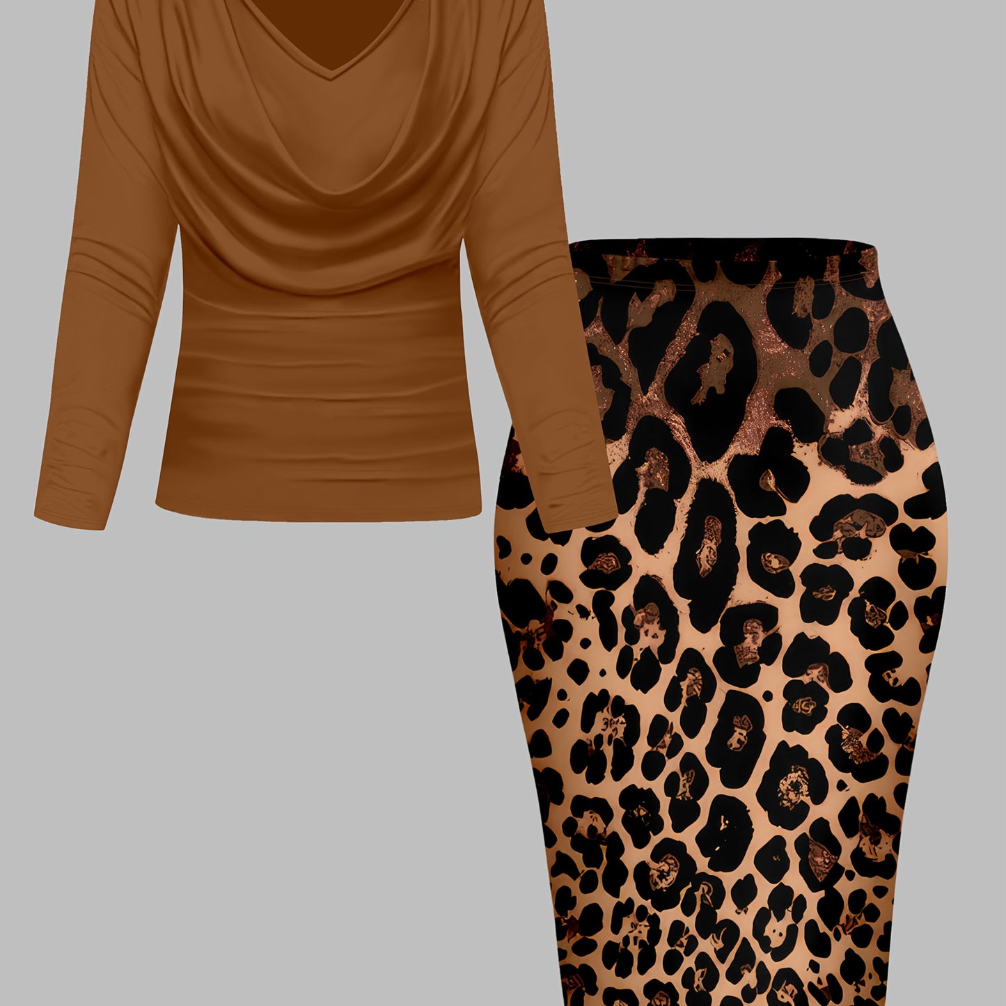 Women's Elegant 2pc Set: V-Neck Long Sleeve Top & Leopard Print Pencil Skirt, Polyester/Elastane blend, Fashionable Everyday Wear