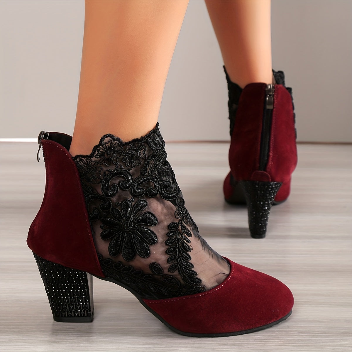 Mesh block heel boots with floral embroidered back zipper, versatile ankle boots for women.