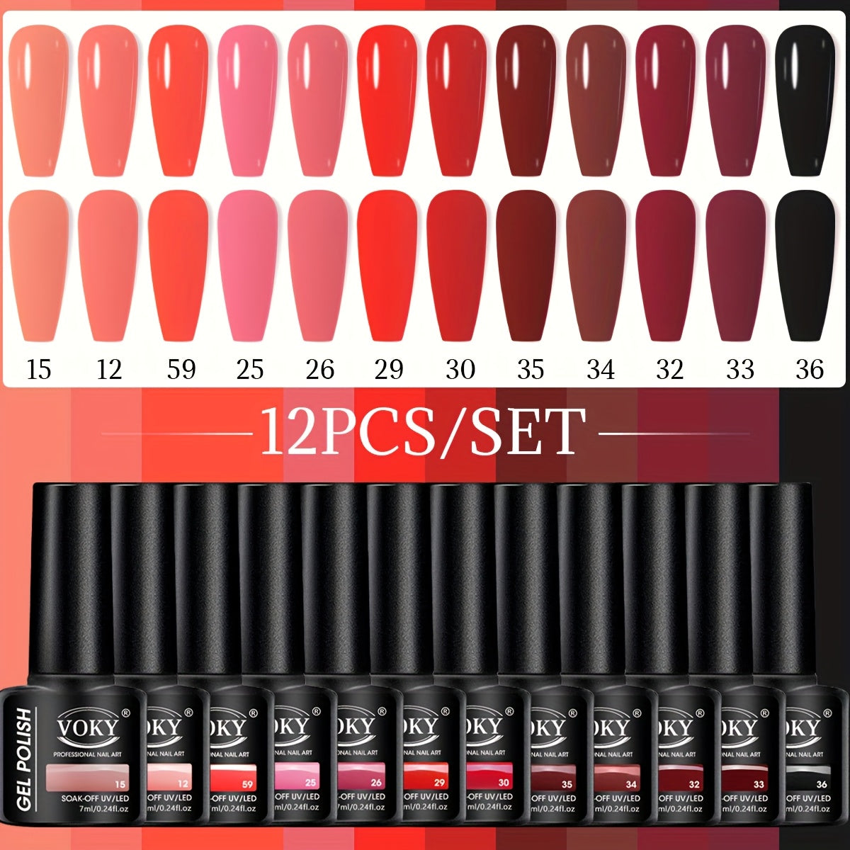 12-bottle gel polish set for fall/winter with long-lasting, semi-permanent colors and glitter. Alcohol-free formula that is low in allergy and formaldehyde-free.