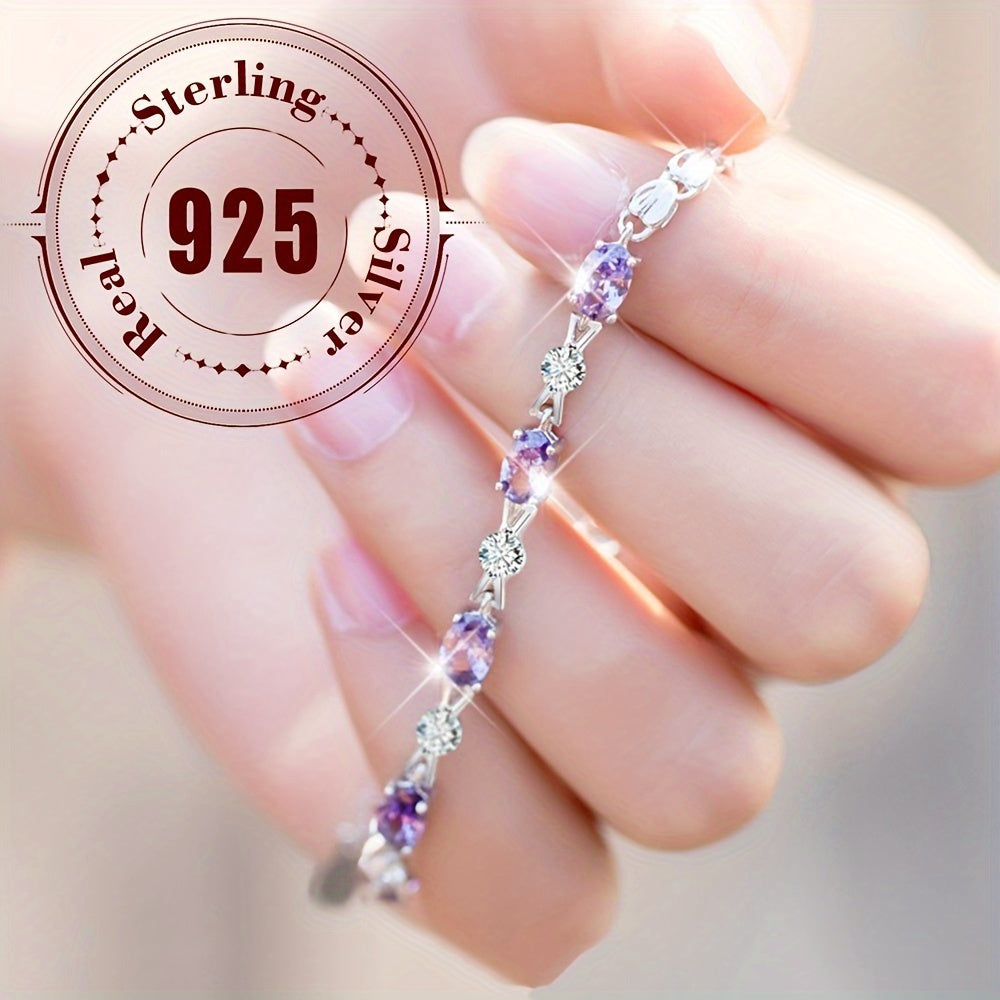 This stylish bracelet is made of high-quality 925 sterling silver with elegant purple stones. Its simple and versatile design makes it suitable for daily wear or as a special gift. Perfect for wearing all year round.