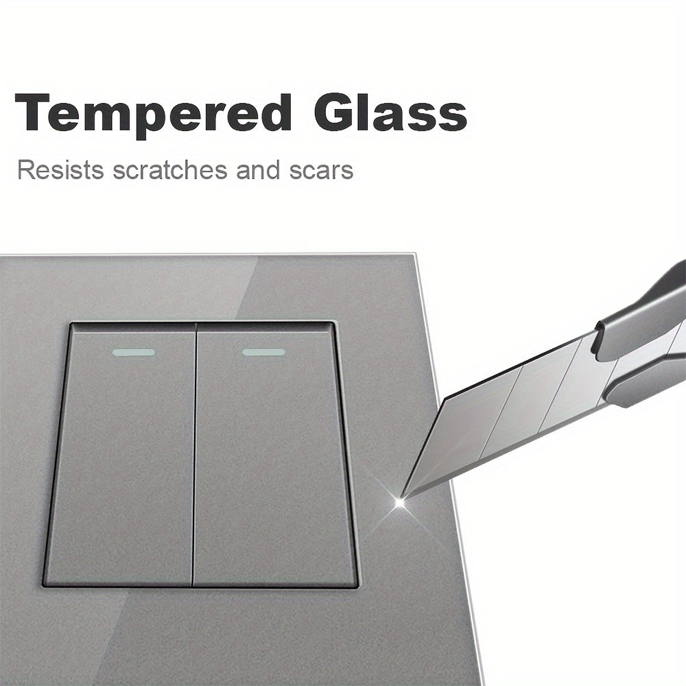 Sleek tempered glass crystal wall switch available in white, gray, and black in 1GANG, 2GANG, and 3GANG options.