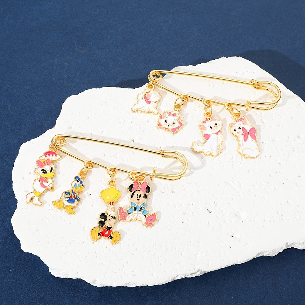 Two enamel pins featuring adorable Mickey, Minnie Mouse, and Donald Duck designs, perfect for adding some flair to your clothing and backpack.