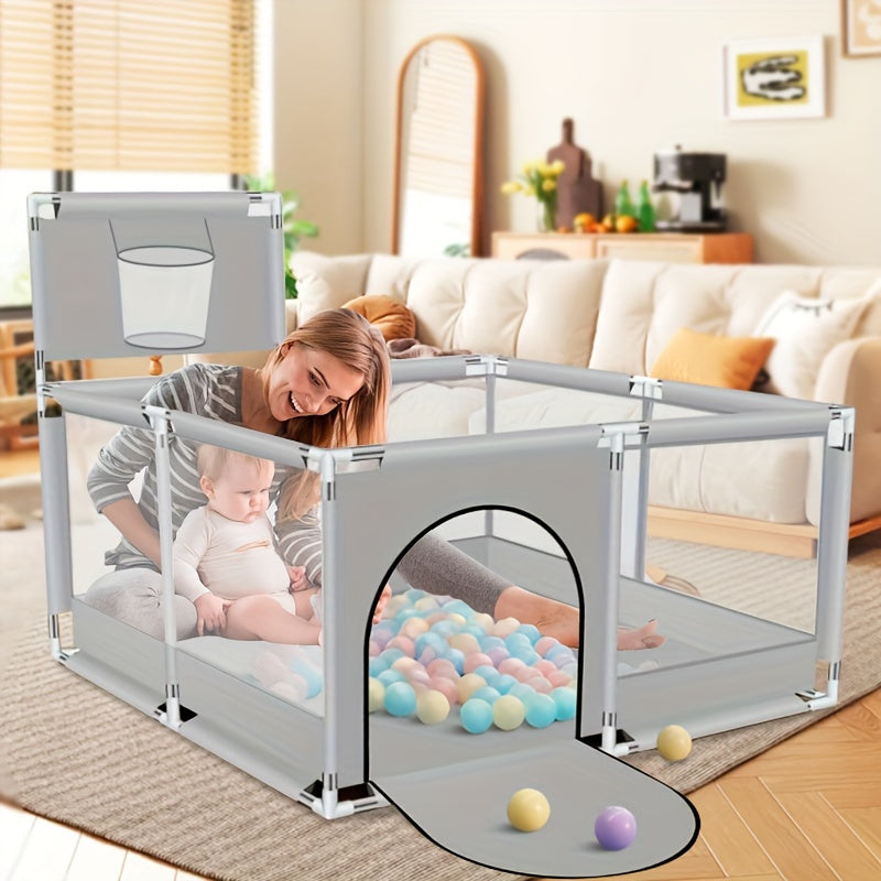 Baby playpen with a basketball hoop, guardrail, and square shape, designed for children to play and learn indoors. Includes a climbing mat for added fun and safety.