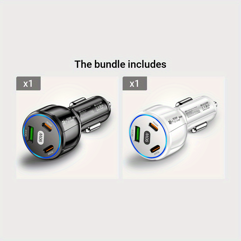 90W car charger with USB Type C PD and Quick Charger 3.0 for fast charging.